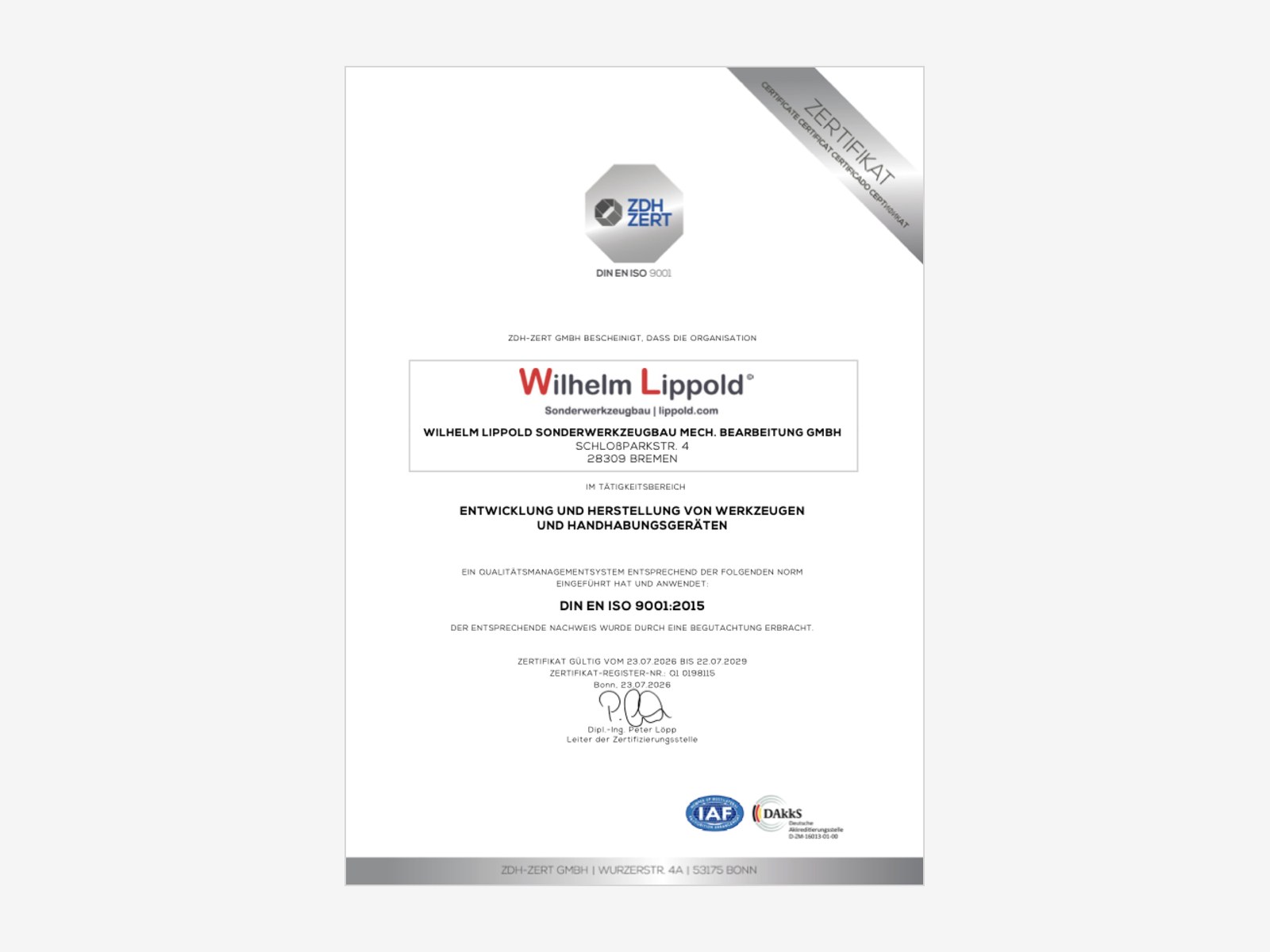 Zertifikat DIN EN ISO 9001 der Wilhelm Lippold Sonderwerkzeugbau GmbH